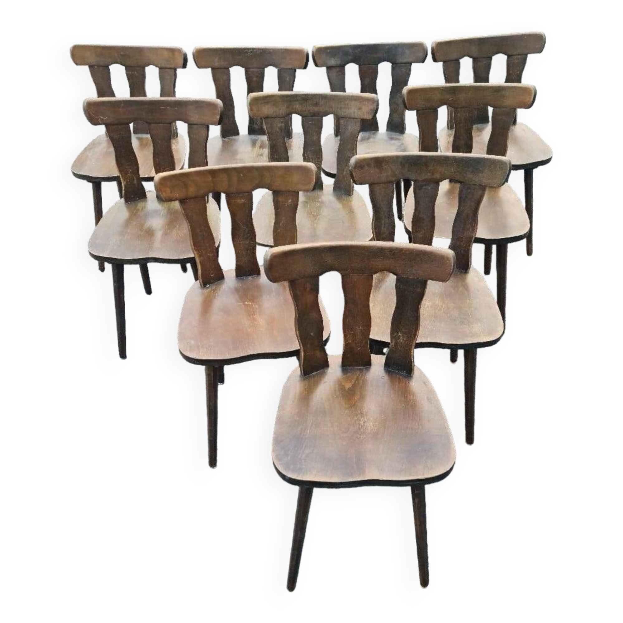 Serie de 10 chaises bistrot vintage en bois massif