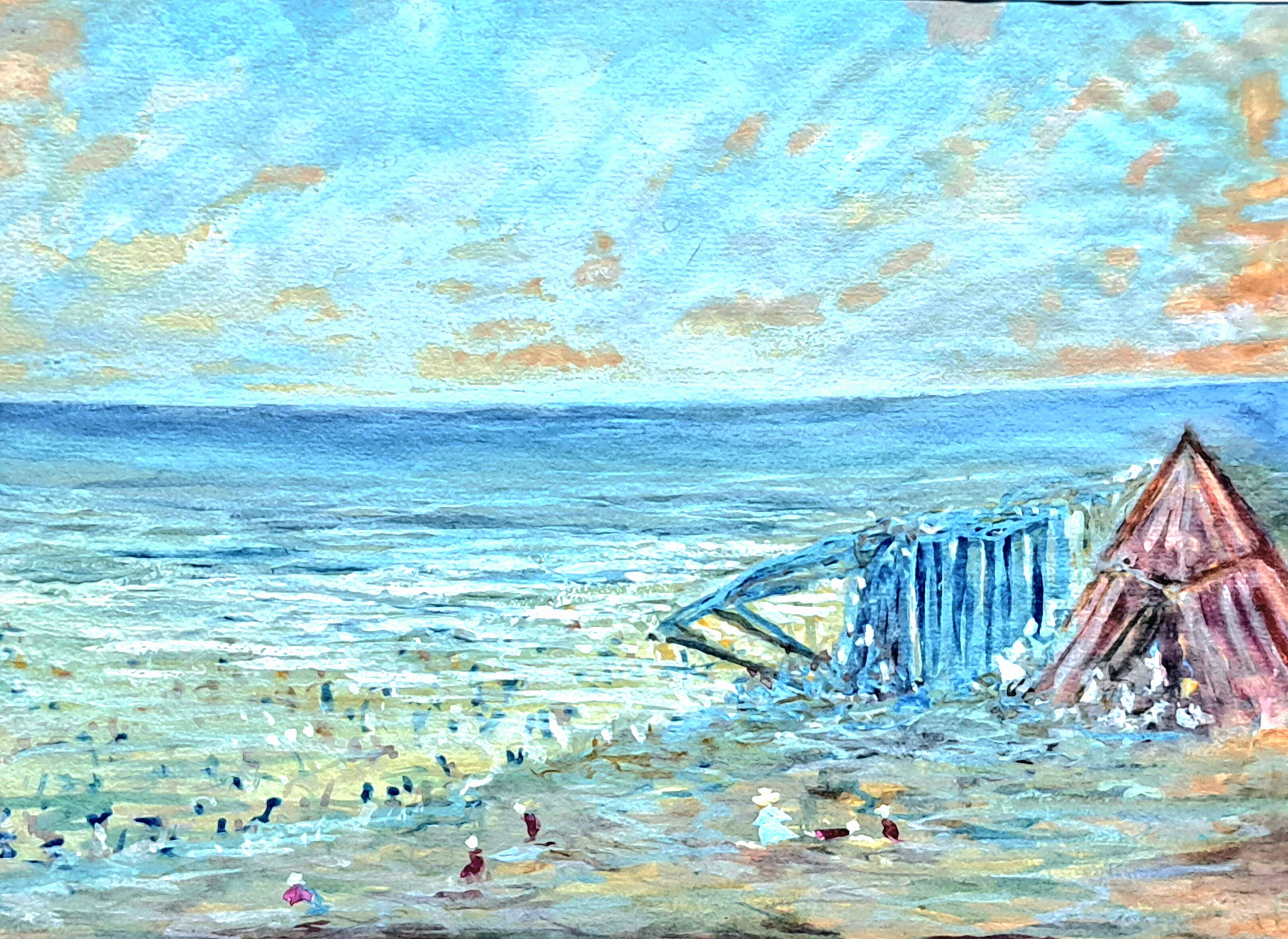 Tableau post-impressionniste à l'aquarelle "Plage de Guéthary" Pays Basque, 1920