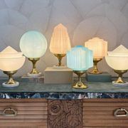 Art Deco lamp with pastel pink opaline globe.