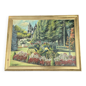 Still life of flowers in Impressionist style with a golden frame.