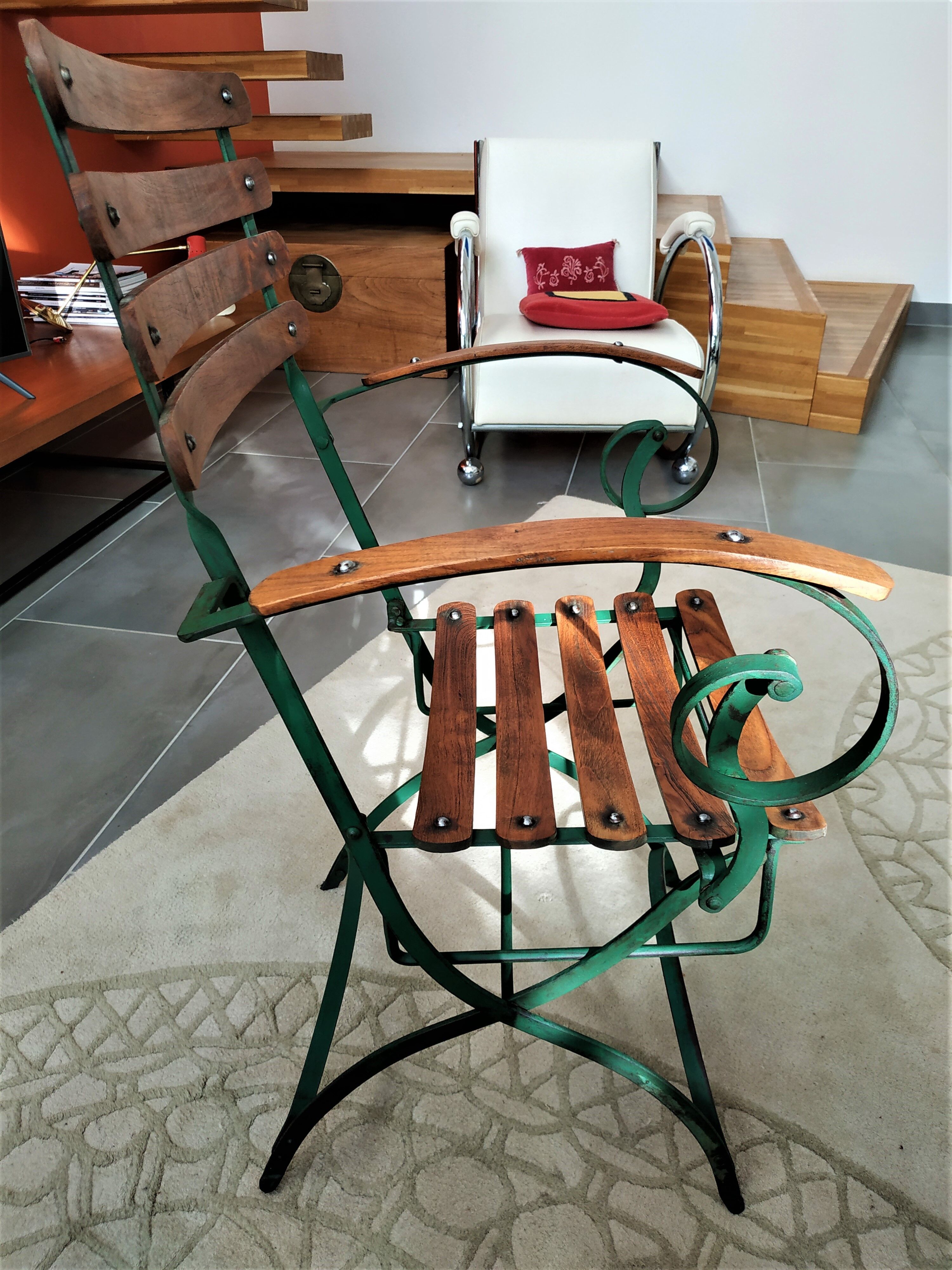 Chair for winter garden or veranda, early 20th, teak and wrought iron