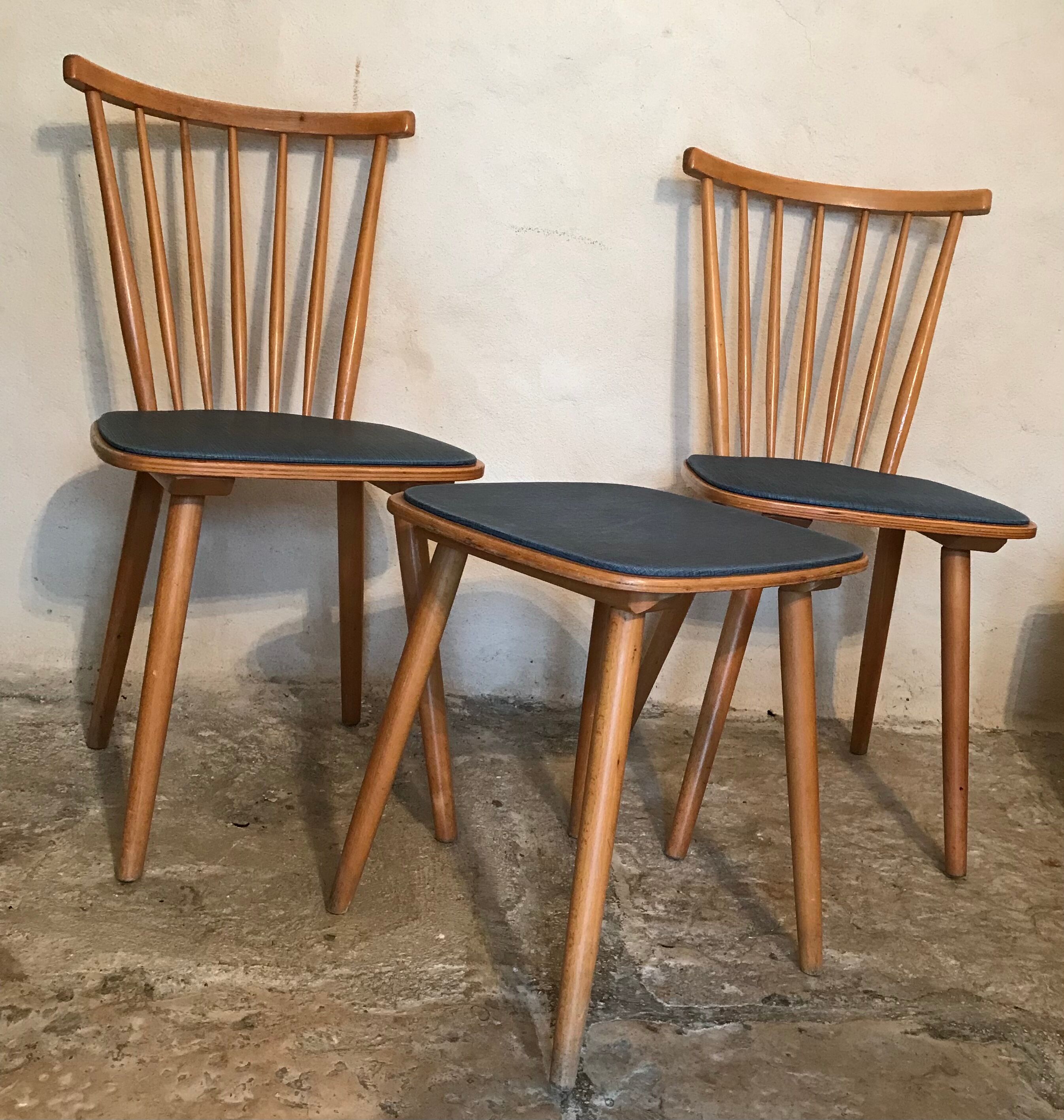 Set of 2 chairs with bars and a stool vintage compass feet 1960's