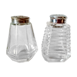 Set of 2 old table sprinklers in molded glass and metal
