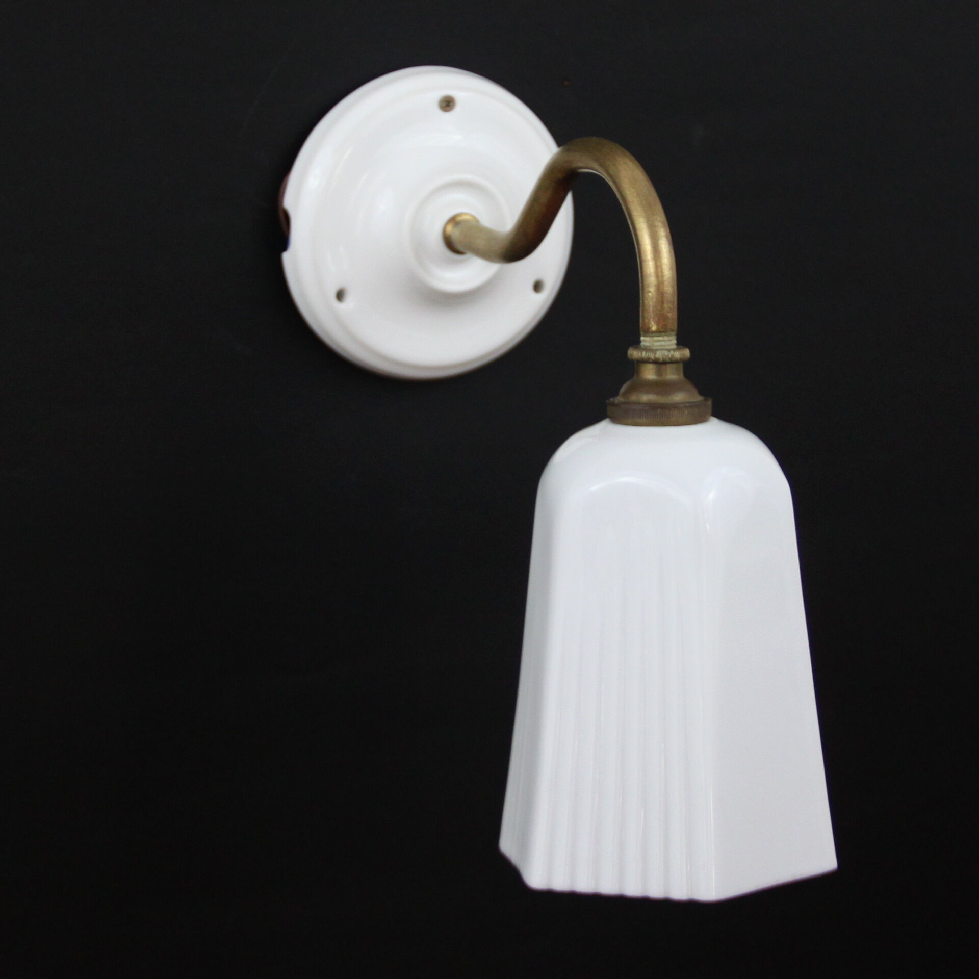 Brass, porcelain, opaline glass tulip swan neck wall lamp