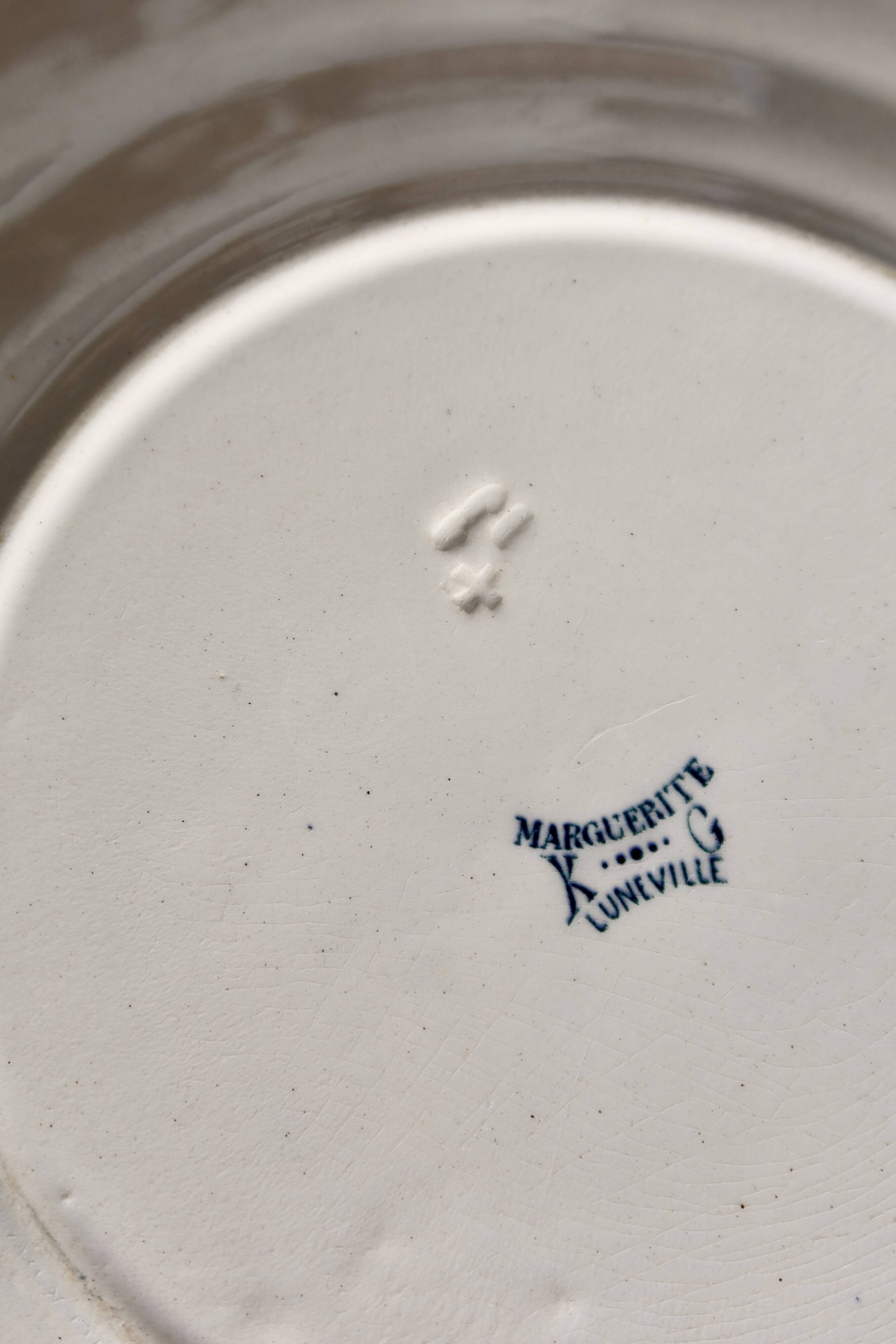 Antique Lunéville ironstone plate, K&G Marguerite pattern, blue and white