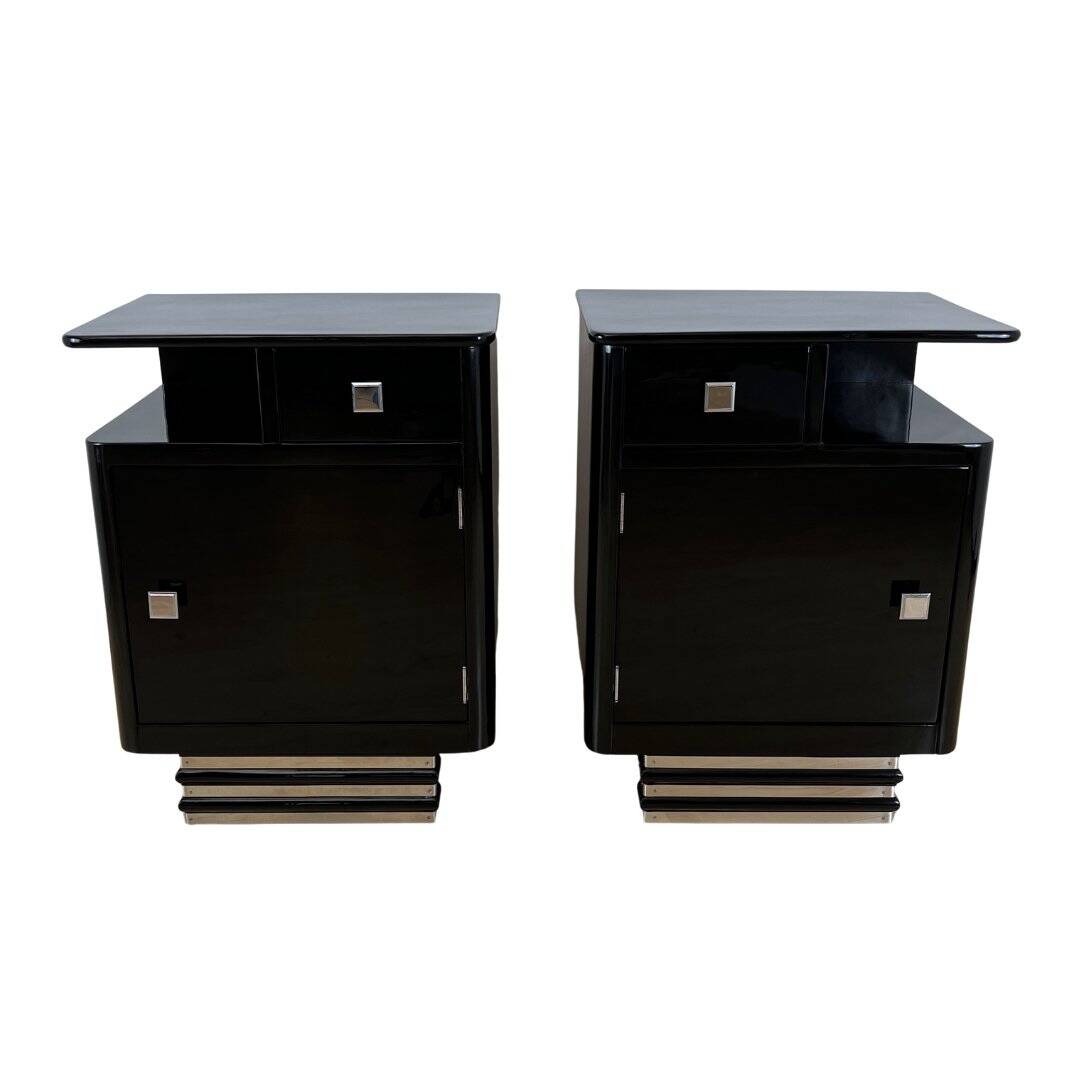 Art Deco Bedside Cabinets in Black Lacquer & Chrome, France, 1930, Set of 2
