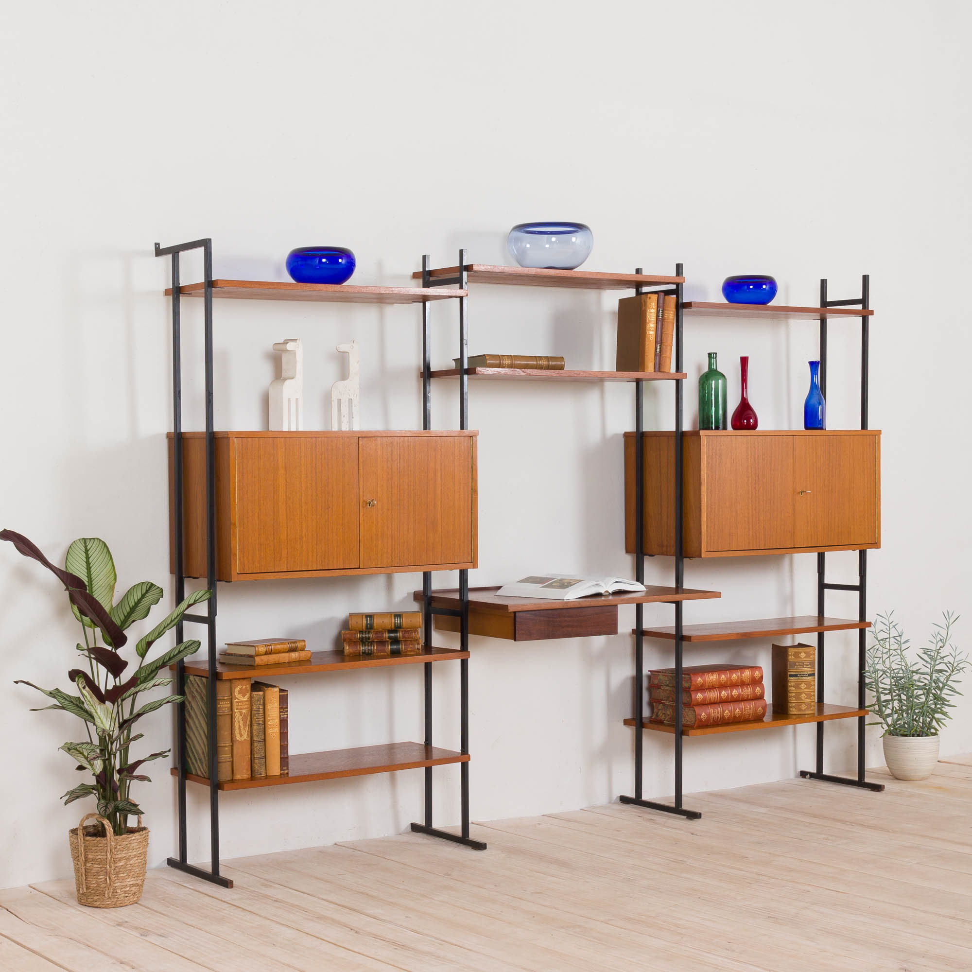 Free standing teak wall unit with a desk and 2 cabinets, Denmark, 1970s
