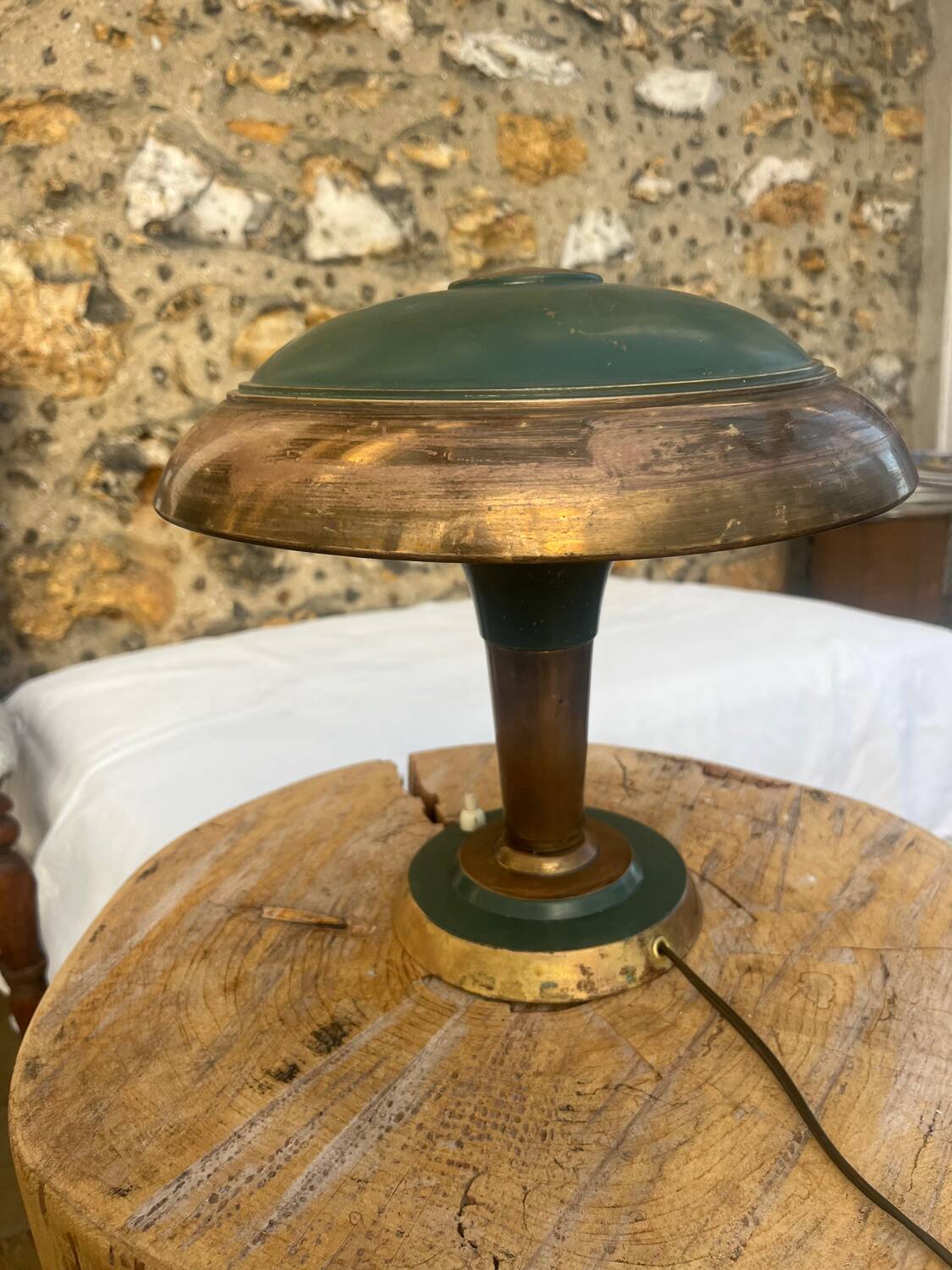 Vintage brass & green metal lamp - mushroom / Art Deco