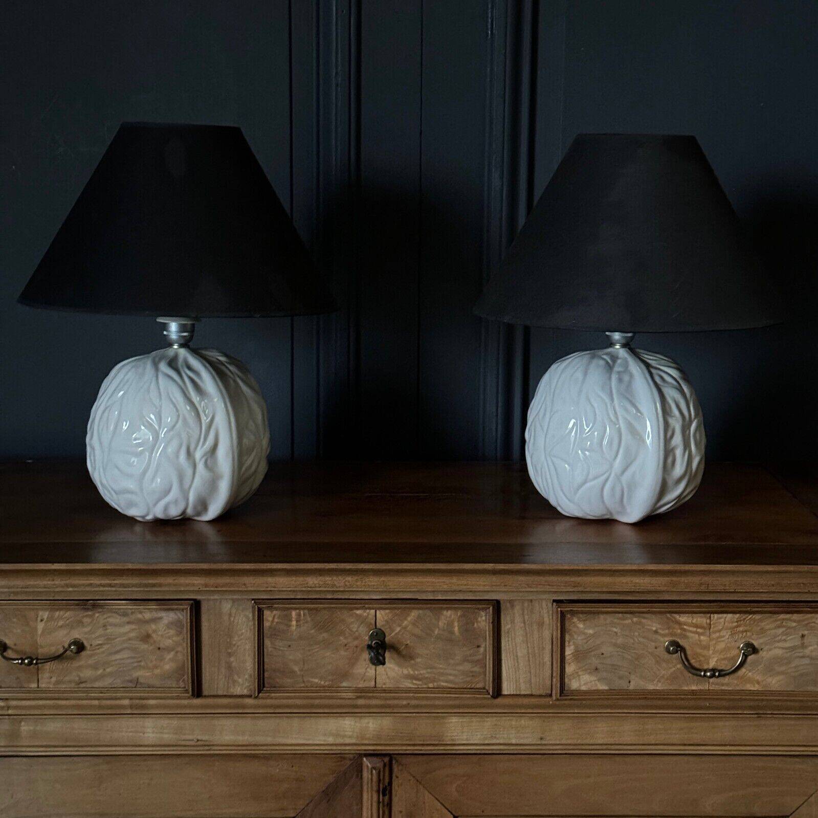 Pair of Italian ceramic lamps 1980 white walnut shape