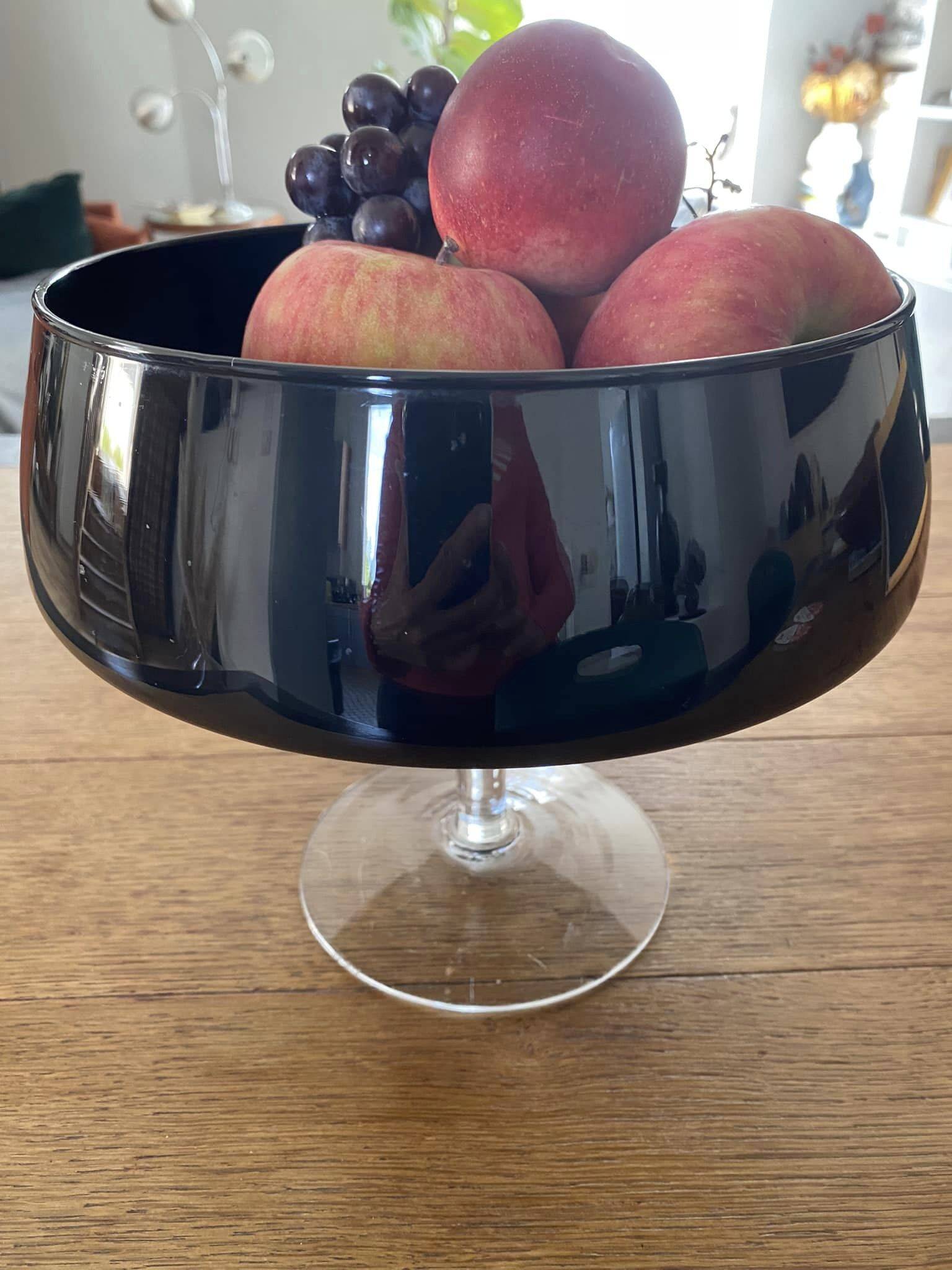 Saladier/Coupe à fruits sur pied en verre noire et  blanc transparent pour le pied