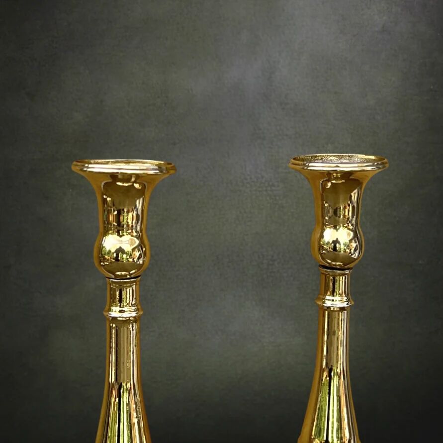 Pair of polished brass candlesticks – 1950s 60s
