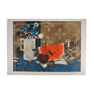 Yves Ganne : Le pichet blanc et la pastèque, lithographie originale signée