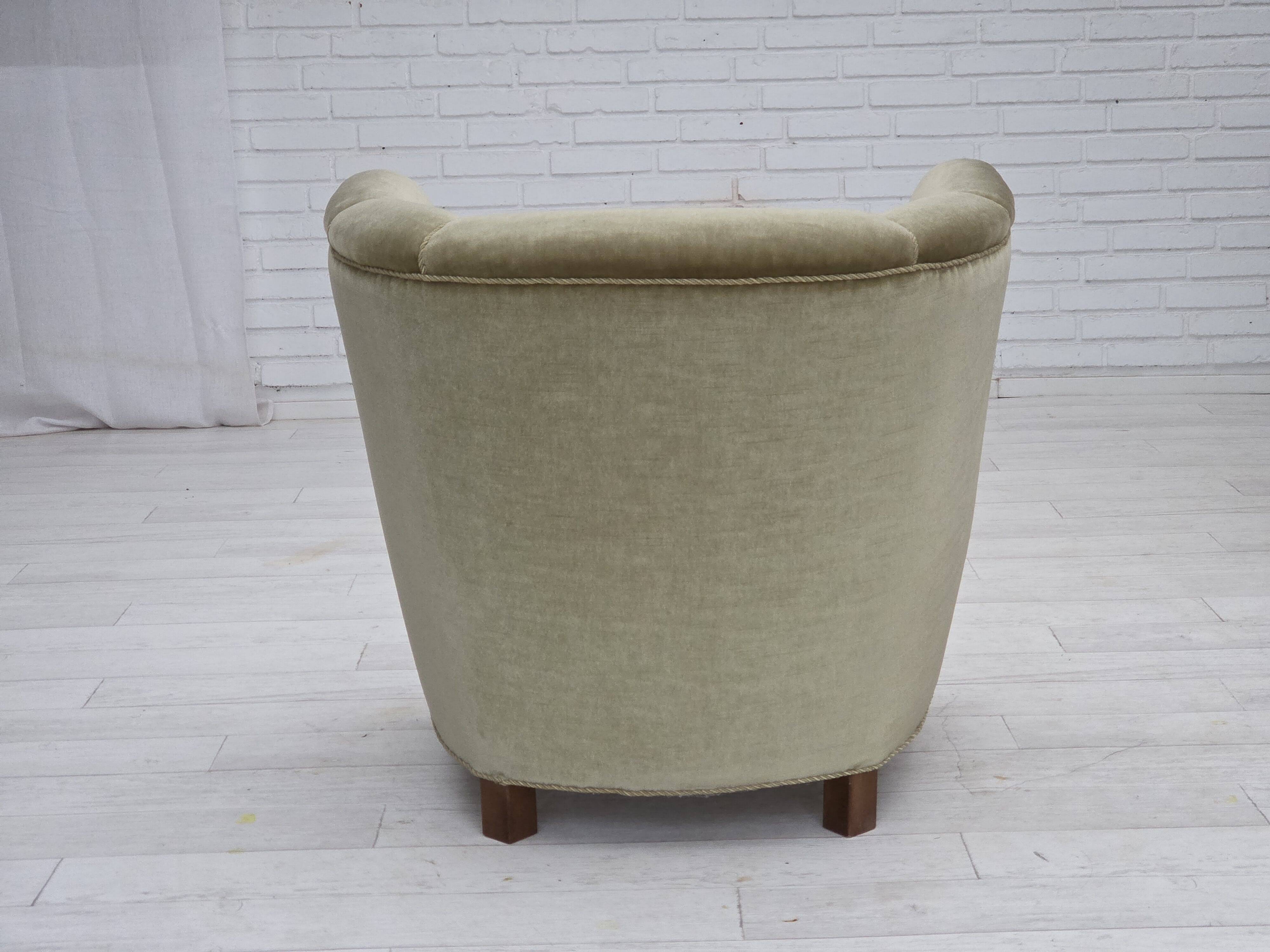 1970s, Danish armchair, original green furniture velour, oak wood.