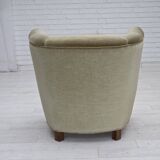 1970s, Danish armchair, original green furniture velour, oak wood.