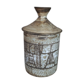 J. Pouchain (1925-2015) incised covered pot enamelled abstract decoration, signed. SB