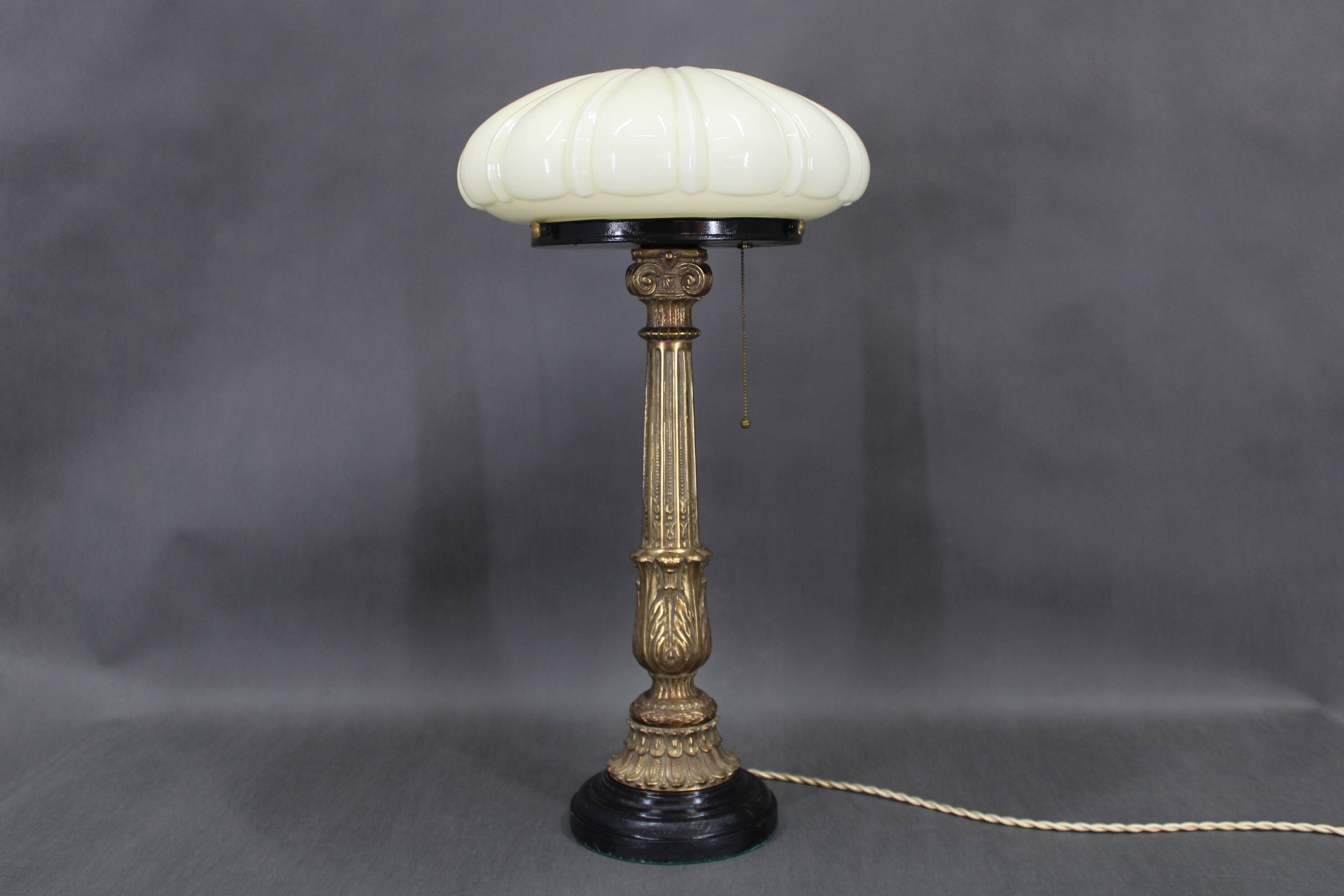 1940s restored brass table lamp with wooden base and glass shade