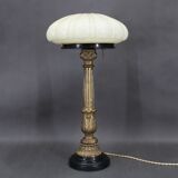 1940s restored brass table lamp with wooden base and glass shade