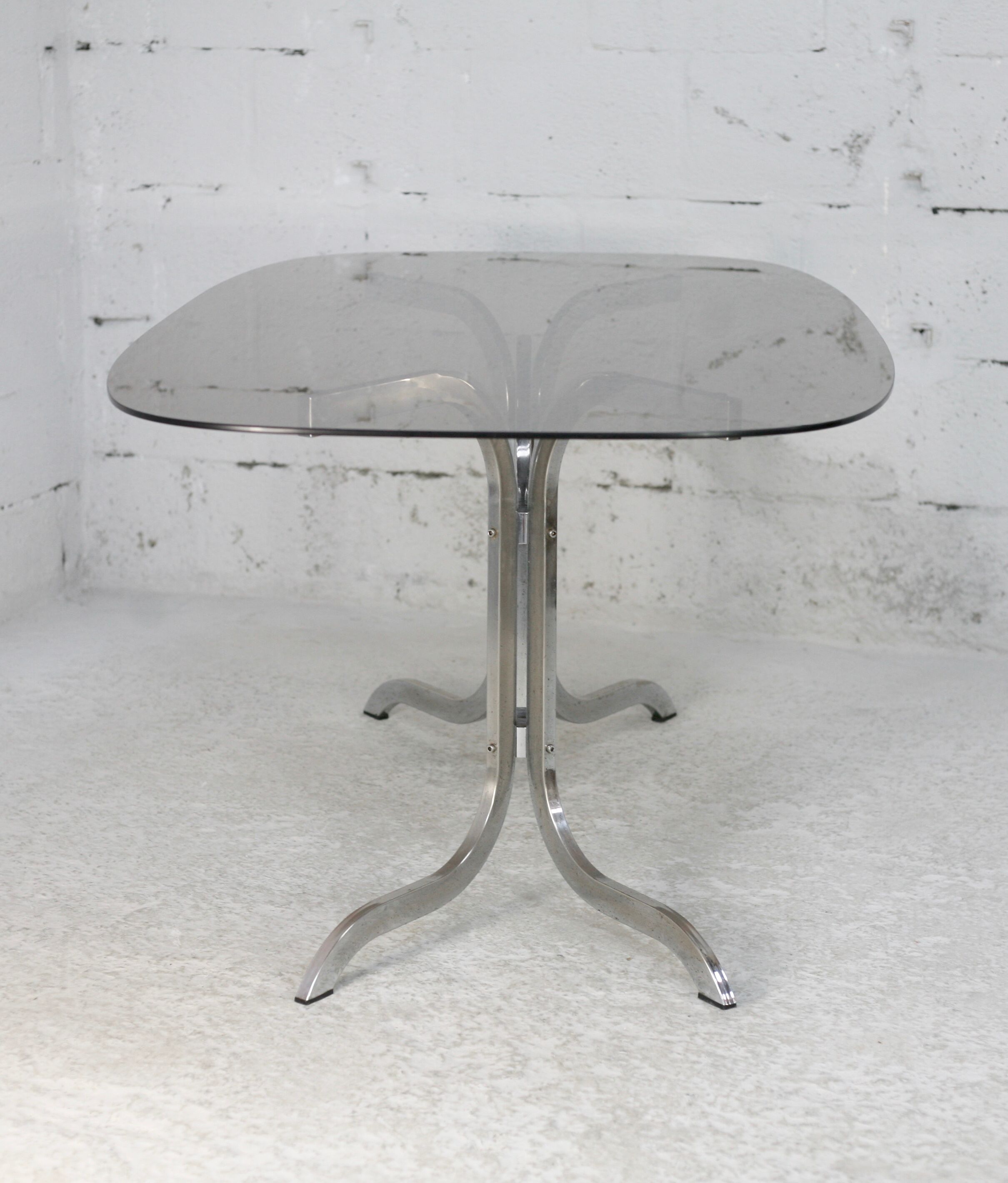 Table chrome steel smoked glass slab. France, circa 1970