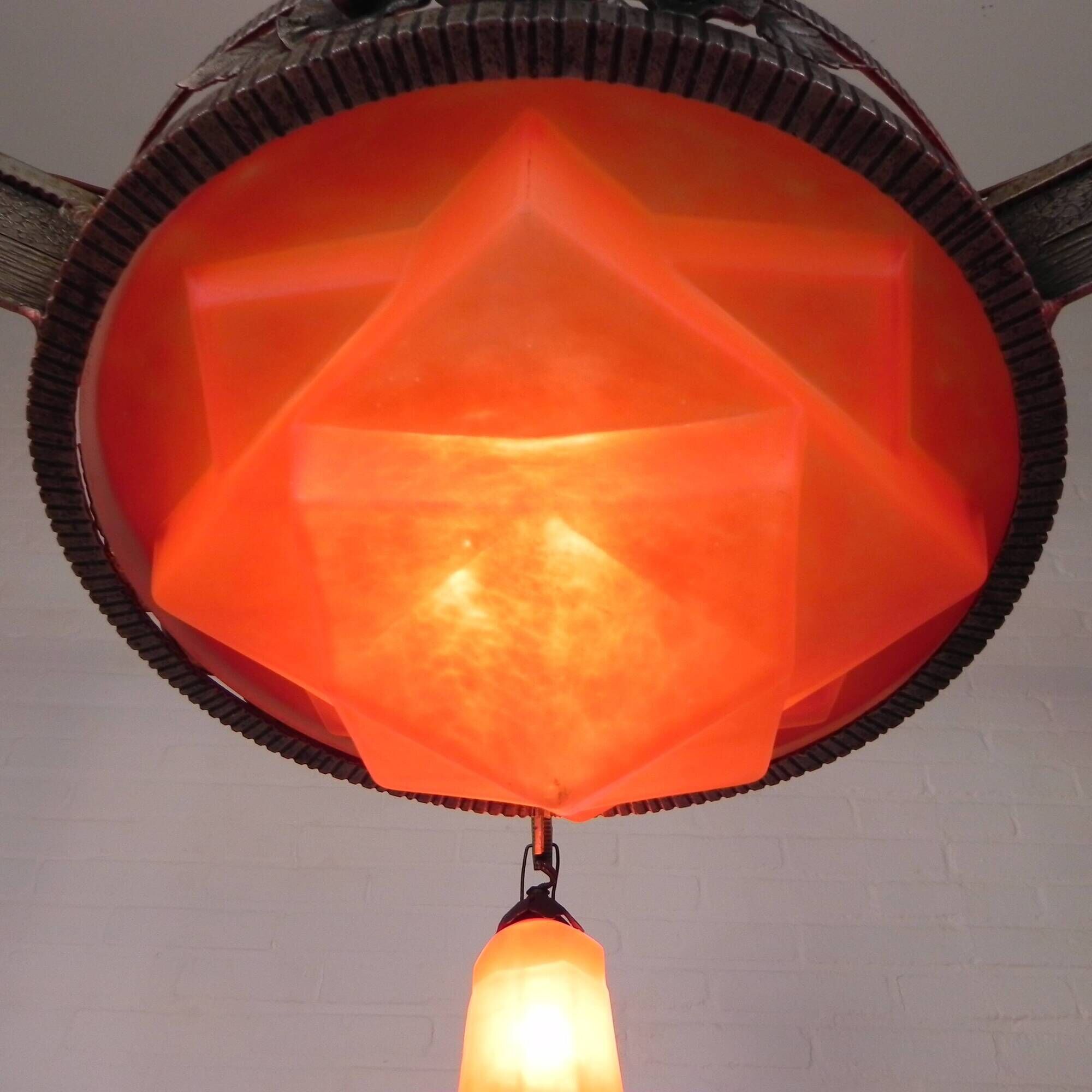 Art Deco pendant lamp with glass bowl and 3 chalices, 1930s