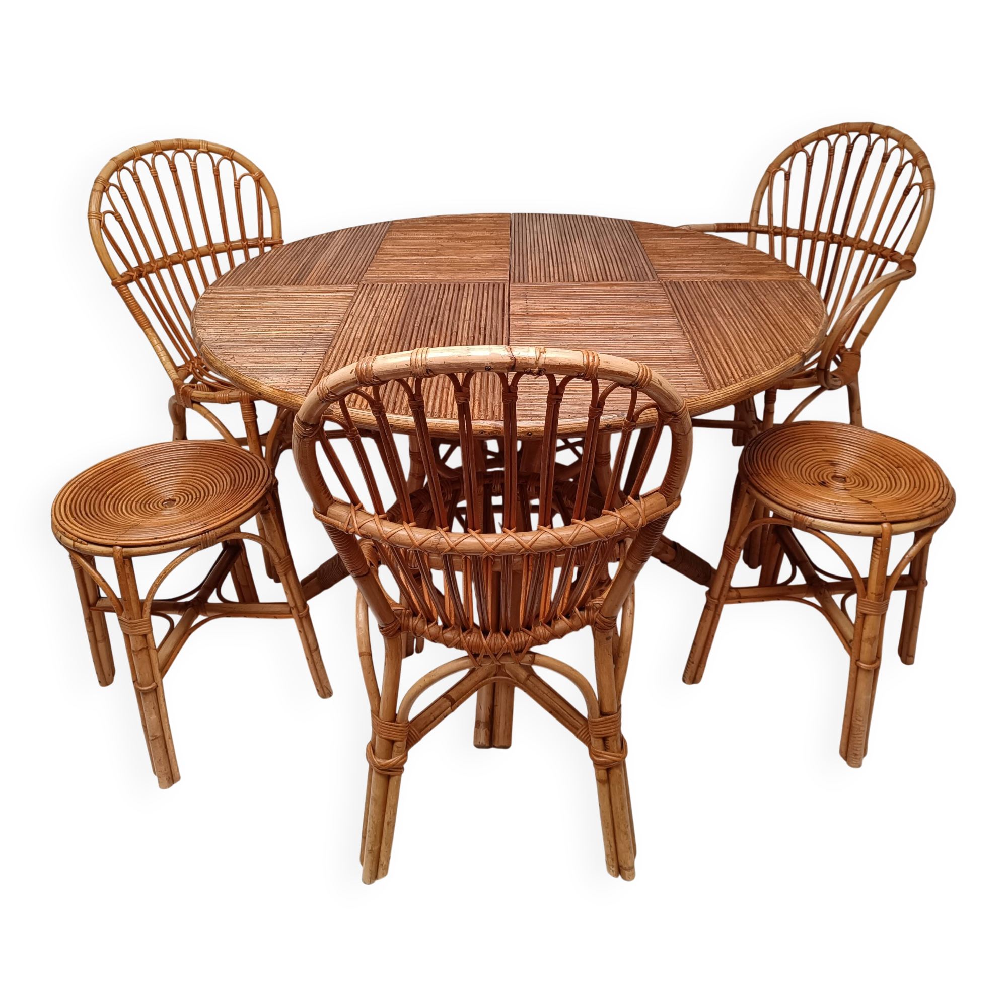 Bamboo table with extensions, 3 chairs and 3 stools from the 1960s.