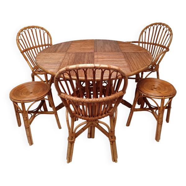 Table bambou avec rallonges 3 chaises et 3 tabourets années 60