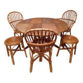 Bamboo table with extensions, 3 chairs and 3 stools from the 1960s.