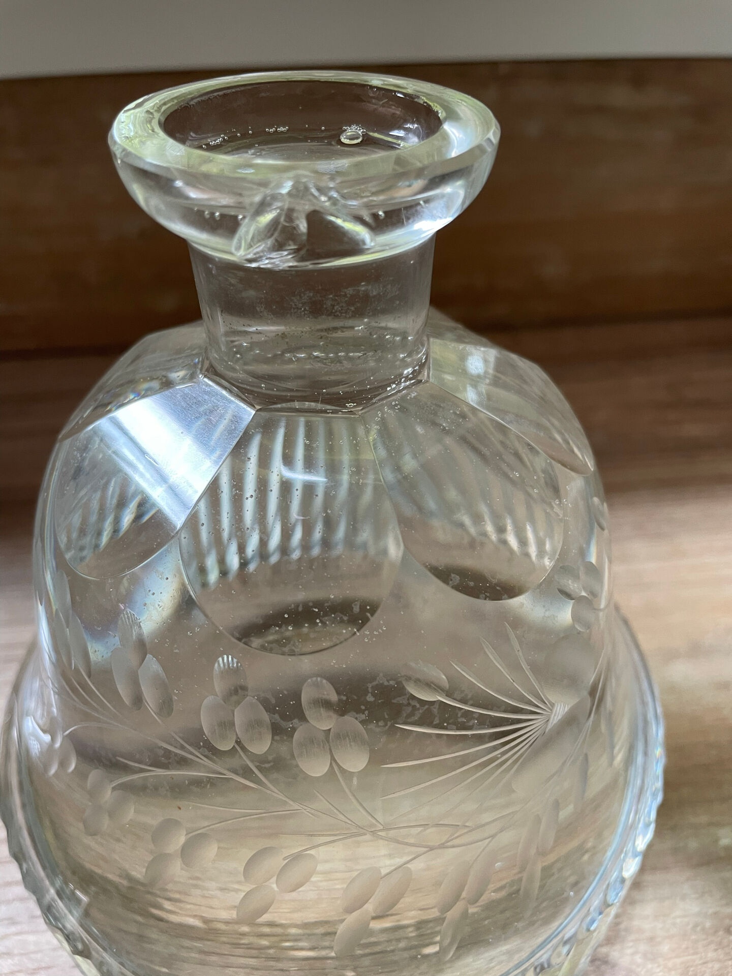 "Bohemian crystal carafe from Czechoslovakia with stopper, engraved decoration."