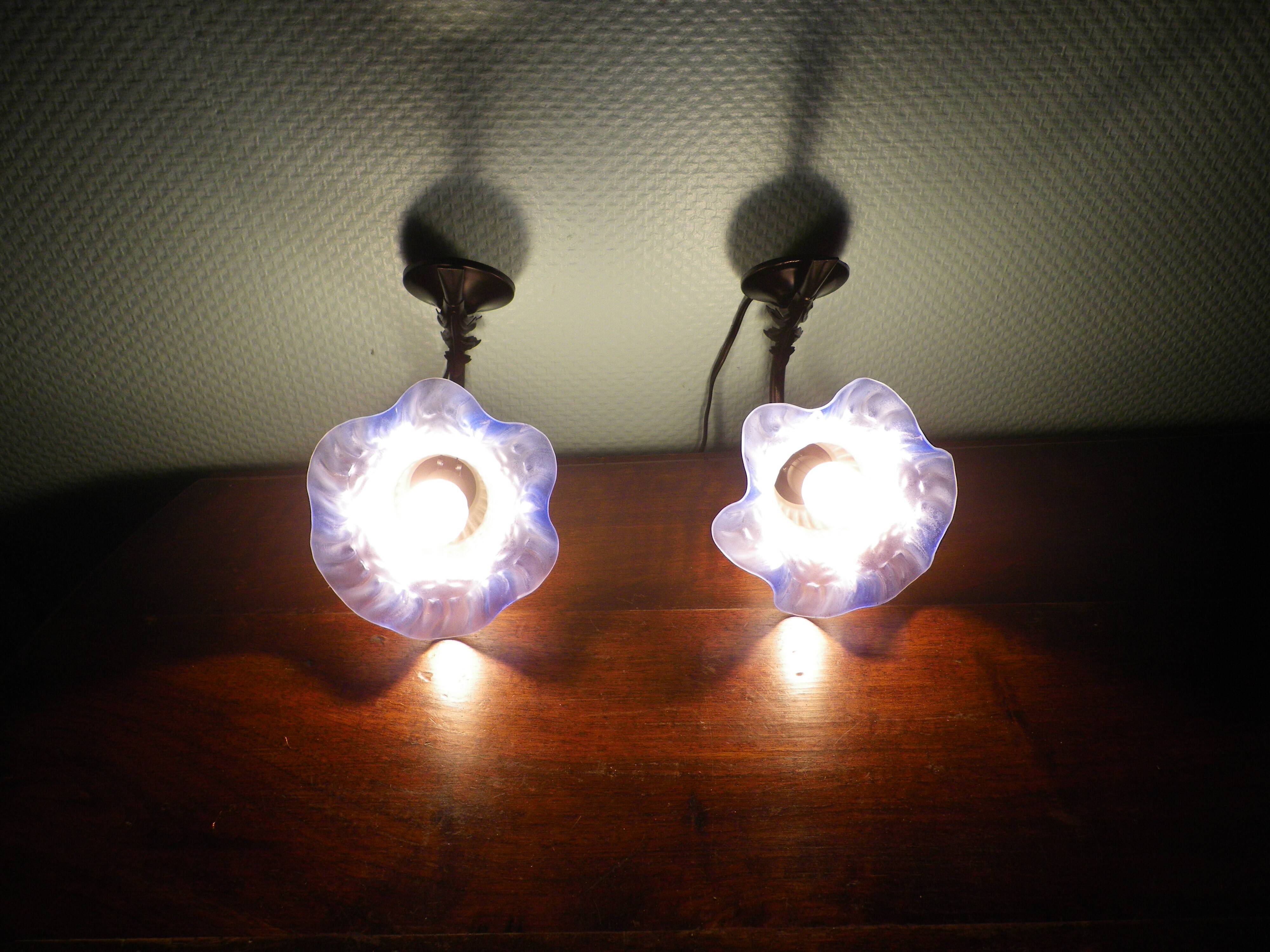 Vintage Wall Sconces with Opaline Glass, 1970s, Set of 2