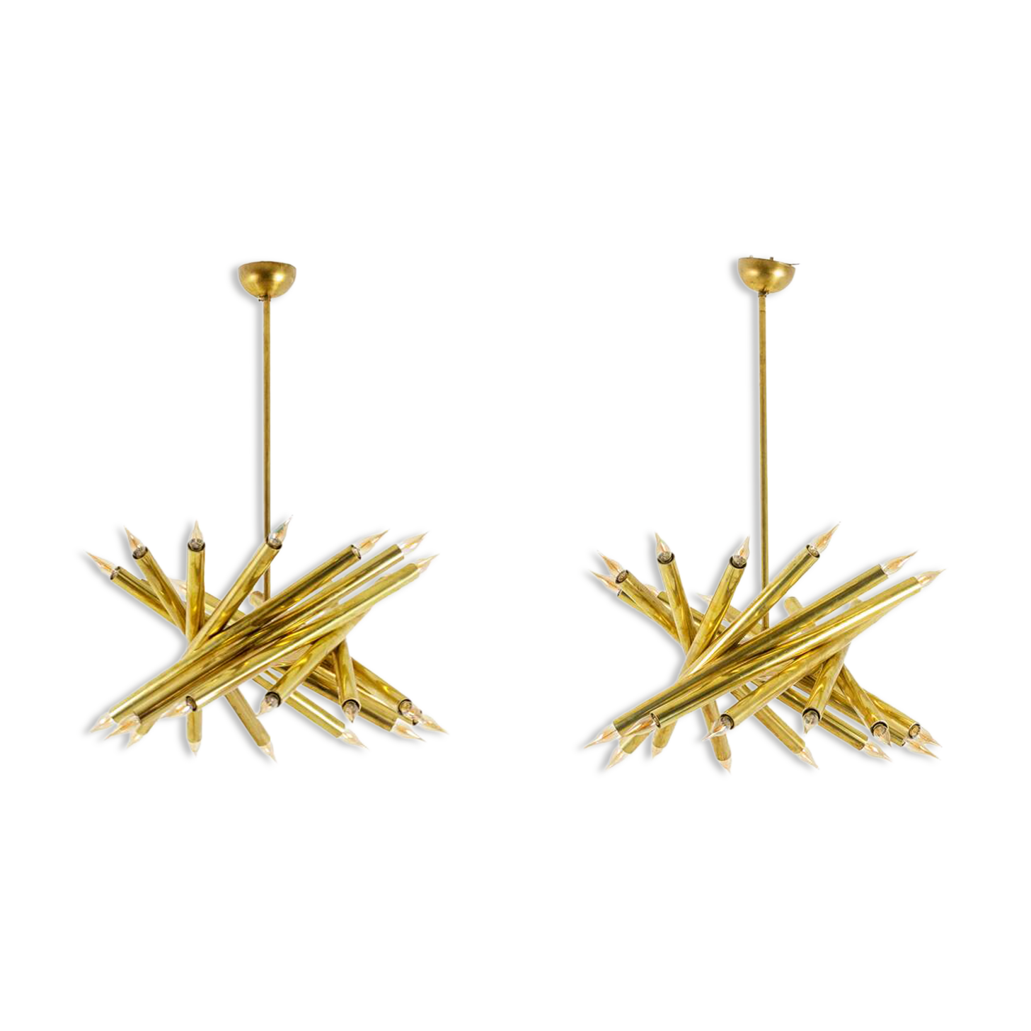 Pair of 24-light patinated brass chandeliers. 1980s.