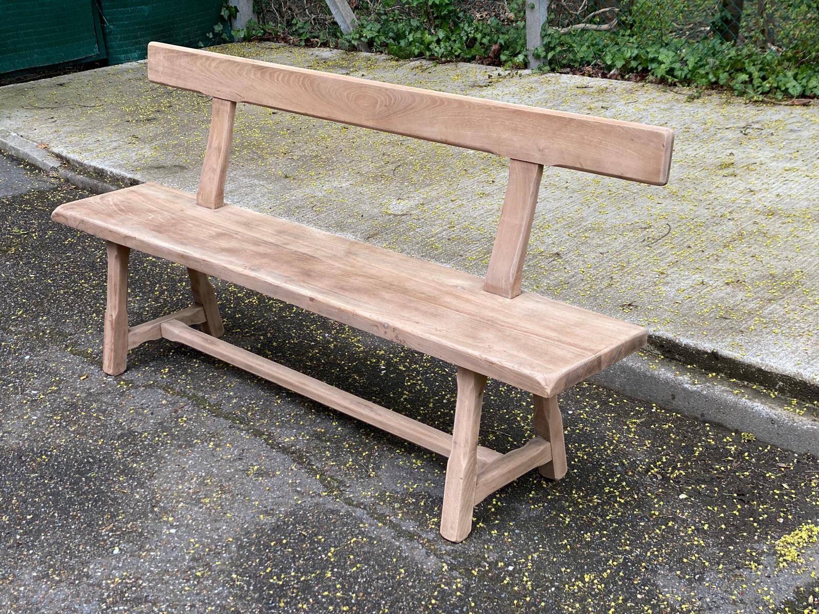 Renovated vintage farmhouse bench with a backrest in solid oak from the 20th century, 180cm.