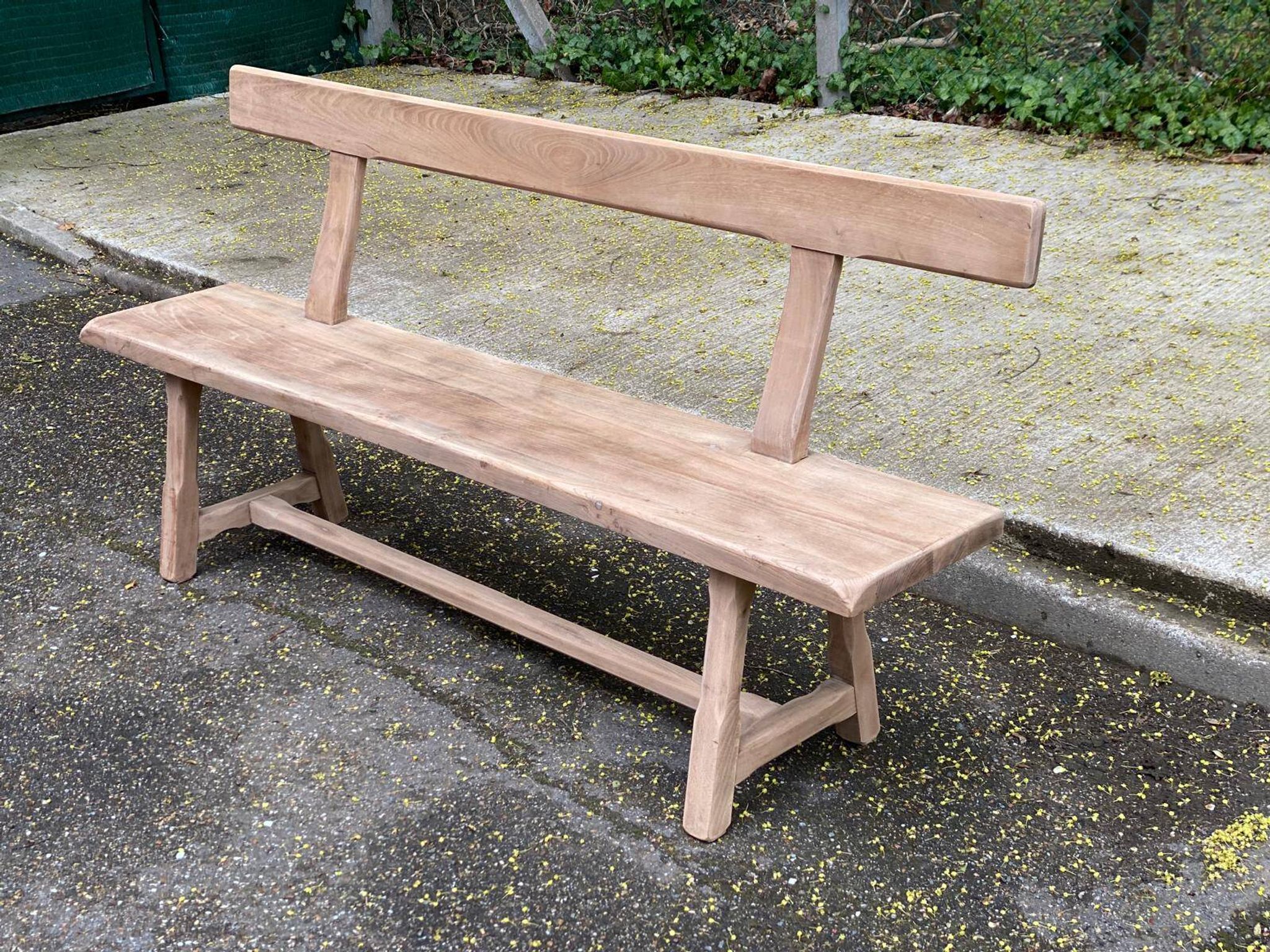 Renovated vintage farmhouse bench with a solid oak back from the 20th century, 180cm.