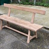 Renovated vintage farmhouse bench with a backrest in solid oak from the 20th century, 180cm.