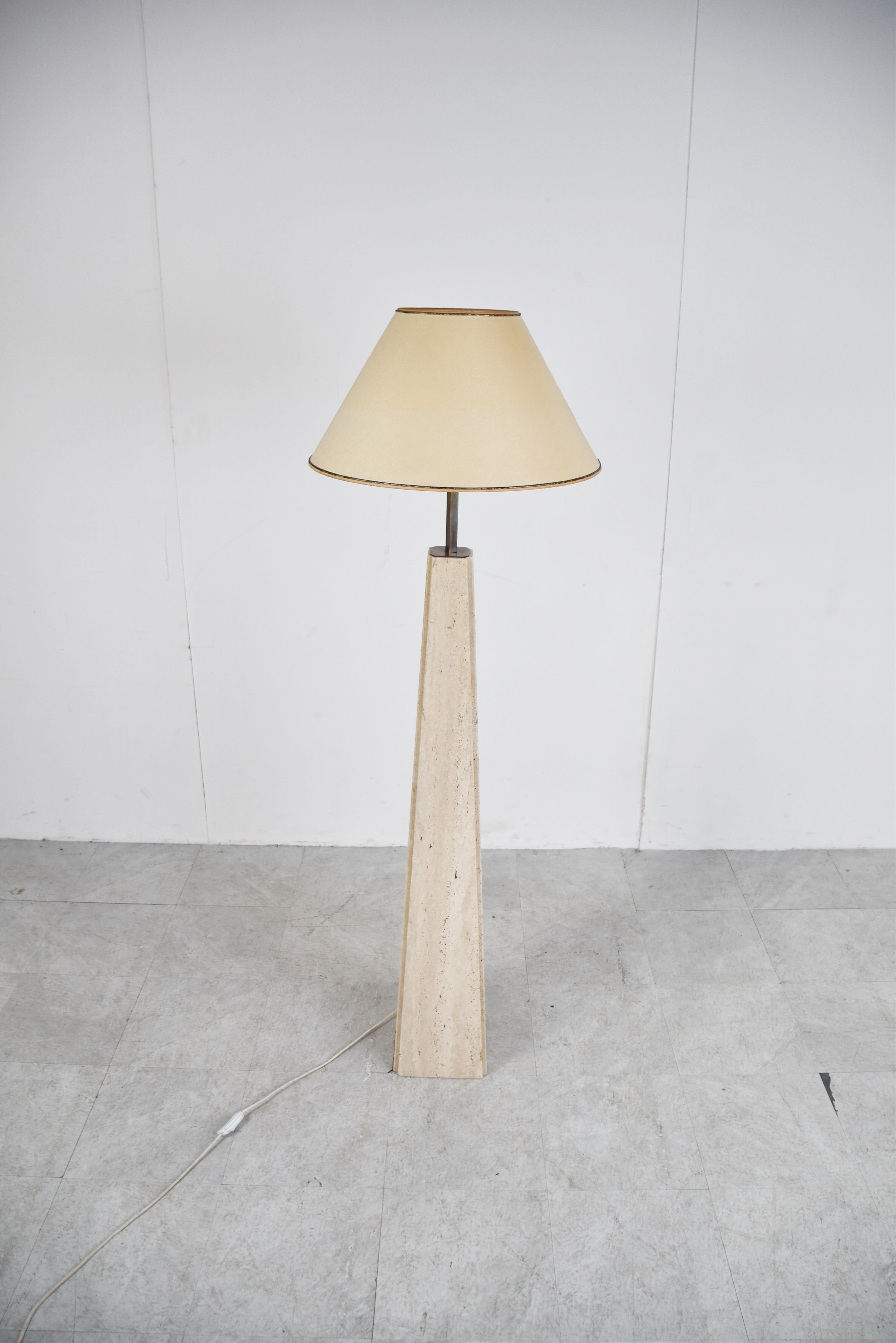 Conical travertine and brass floor lamp, 1970s by Camille Breesch