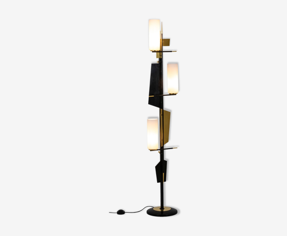 Lampadaire à trois lumières en métal laqué et laiton, Maison Arlus, années 1960