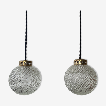 Pair of round vintage glass pendant lamps