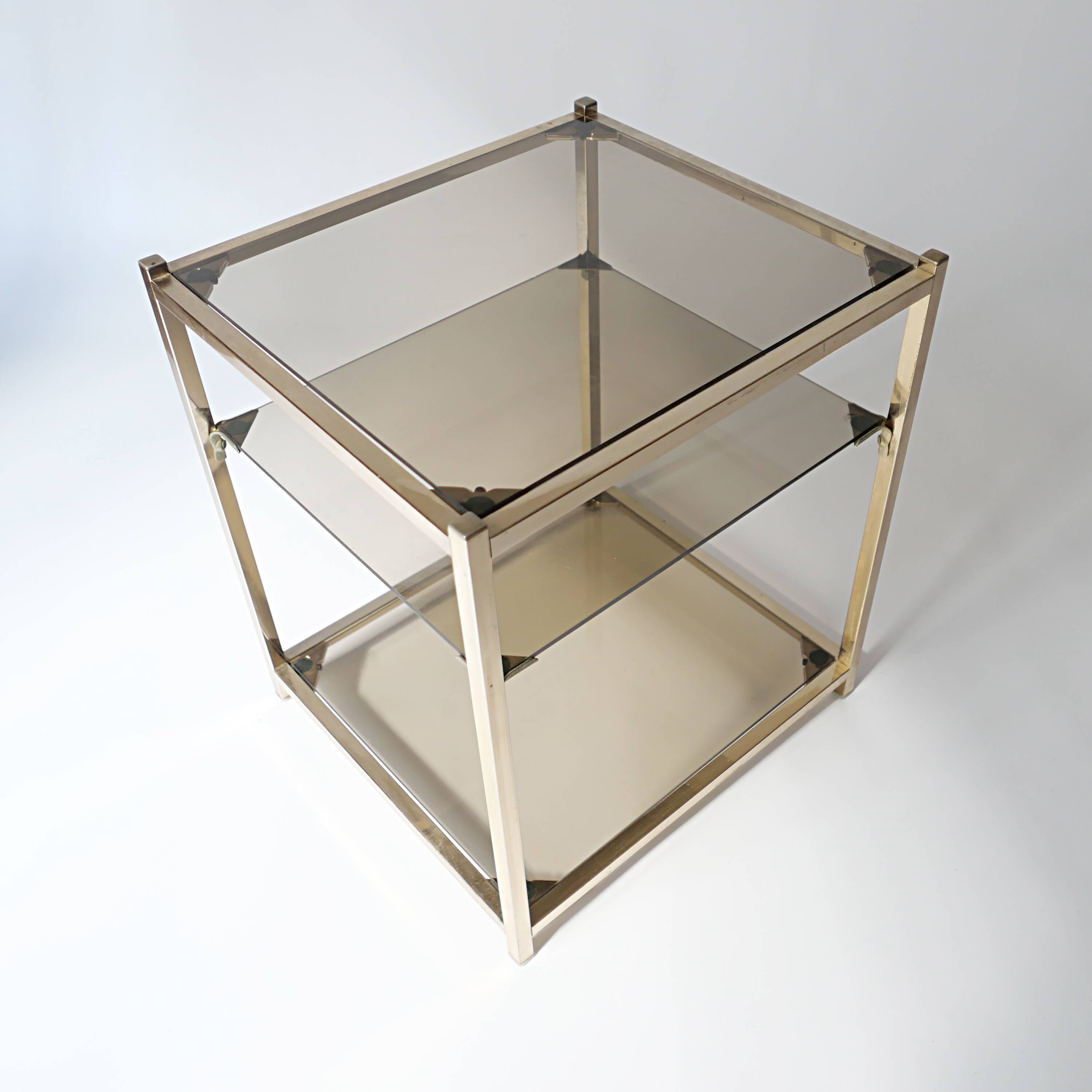 vintage coffee table design 1960s 1970s in gold metal and smoked glass