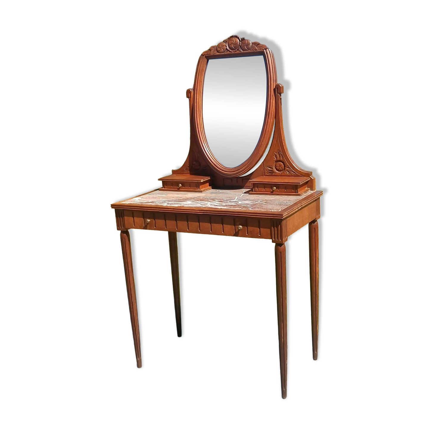 Art Deco oak dressing table, marble top and swivel mirror.