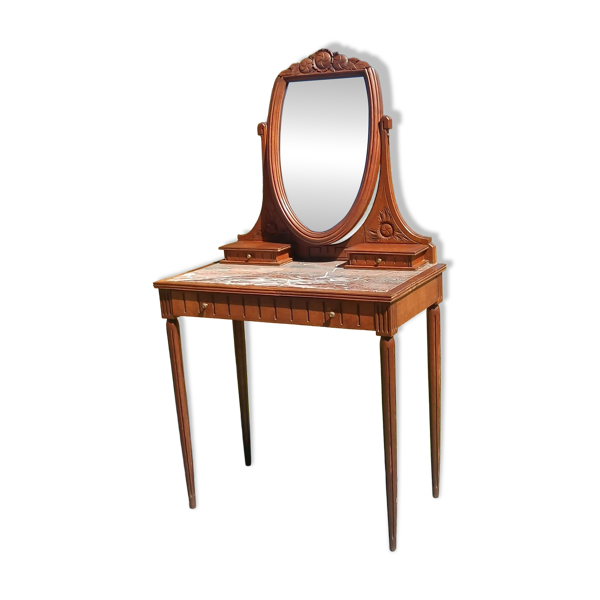 Coiffeuse Art déco en chêne, plateau en marbre  et miroir pivotant