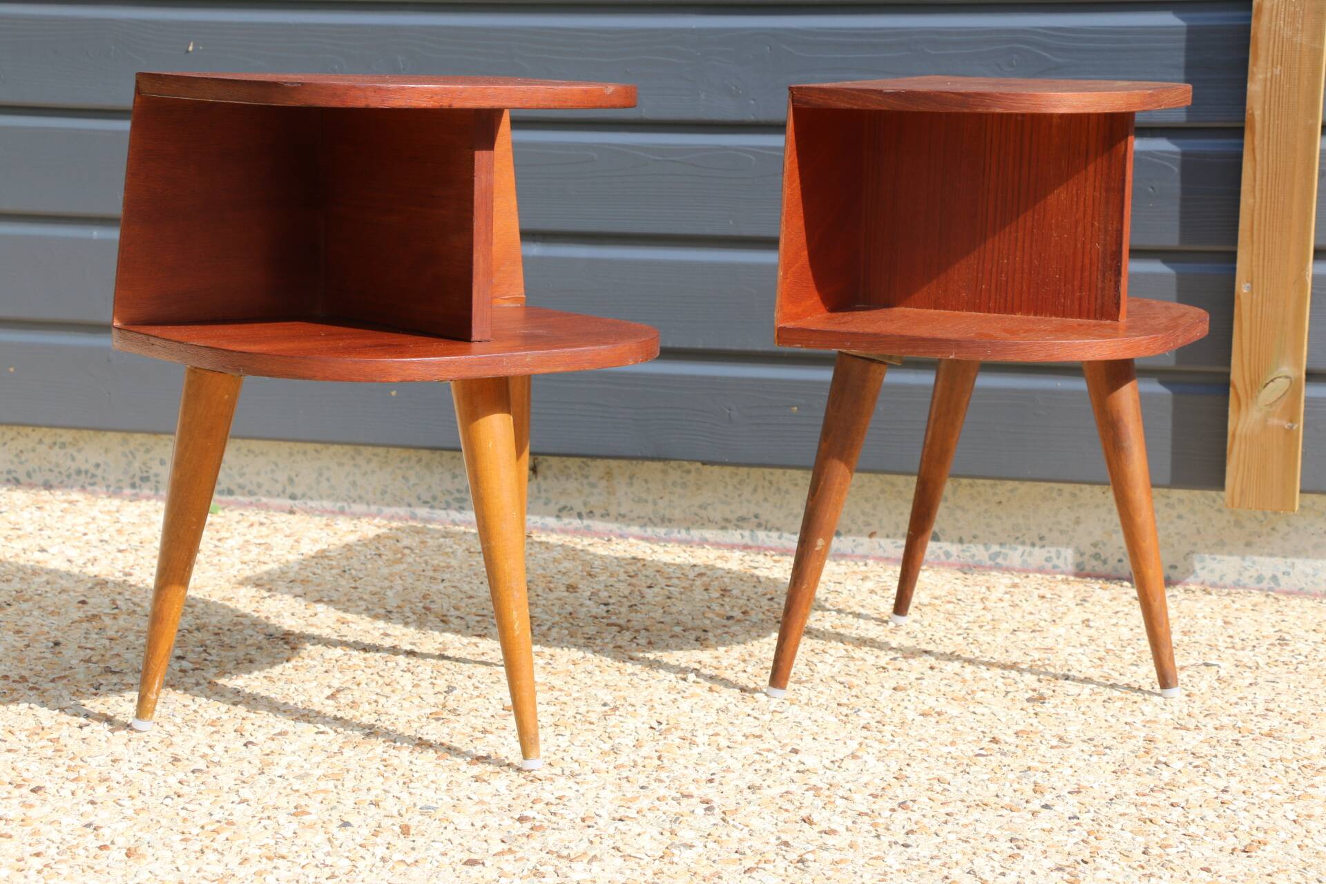 Pair of oak veneered tripod bedside tables 1950