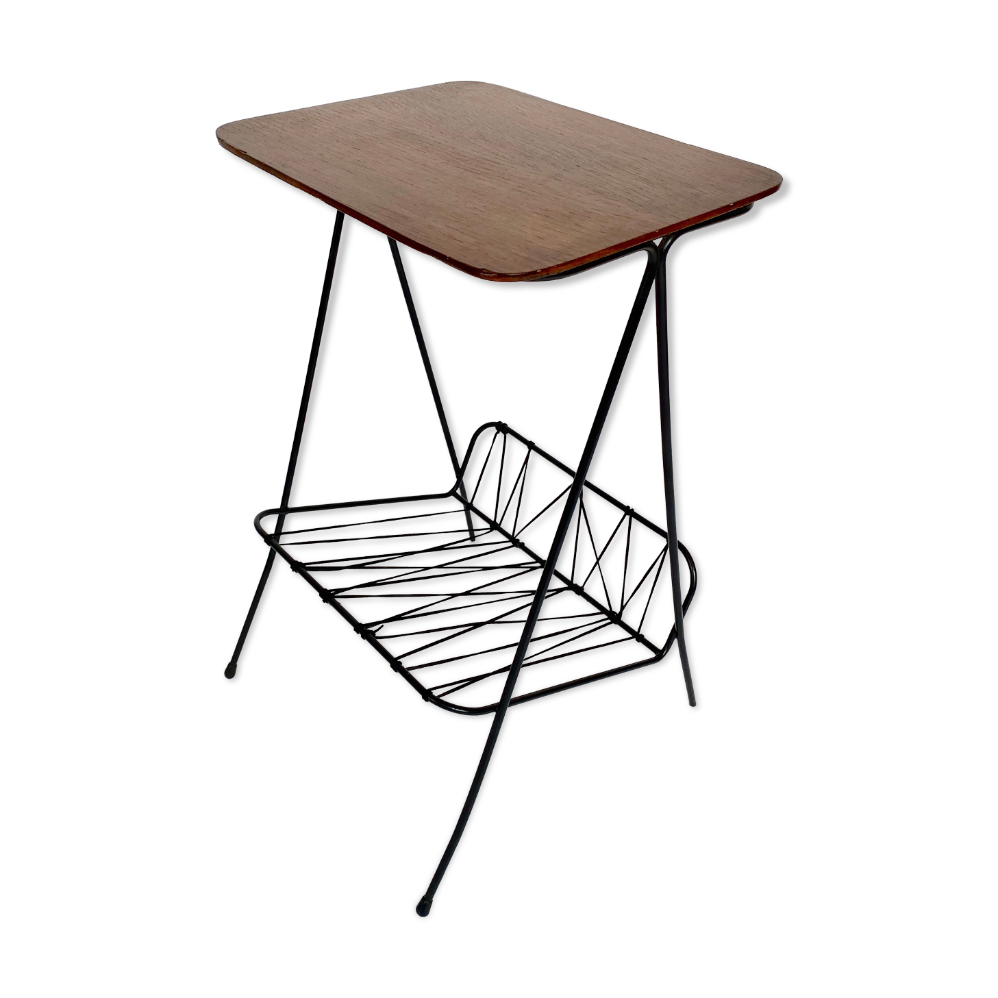 Side table with vintage metal and wood magazine holder