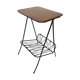 Side table with vintage metal and wood magazine holder