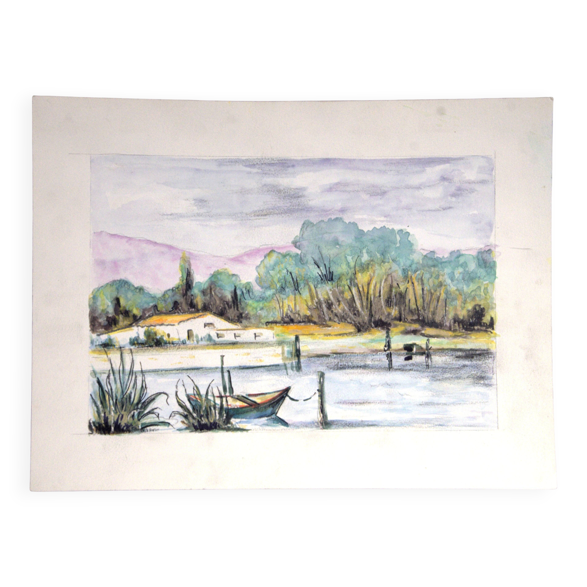 Watercolour depicting a pond with a boat and a Provençal farmhouse, 24x32cm