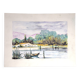 Watercolour depicting a pond with a boat and a Provençal farmhouse, 24x32cm