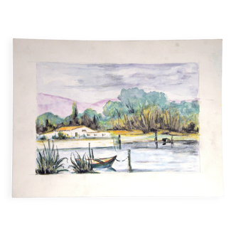 Aquarelle représentant un étang avec une barque et un mas provençal,24x32cm