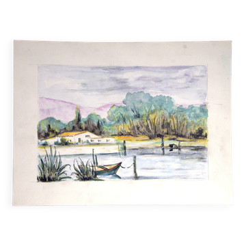 Watercolour depicting a pond with a boat and a Provençal farmhouse, 24x32cm