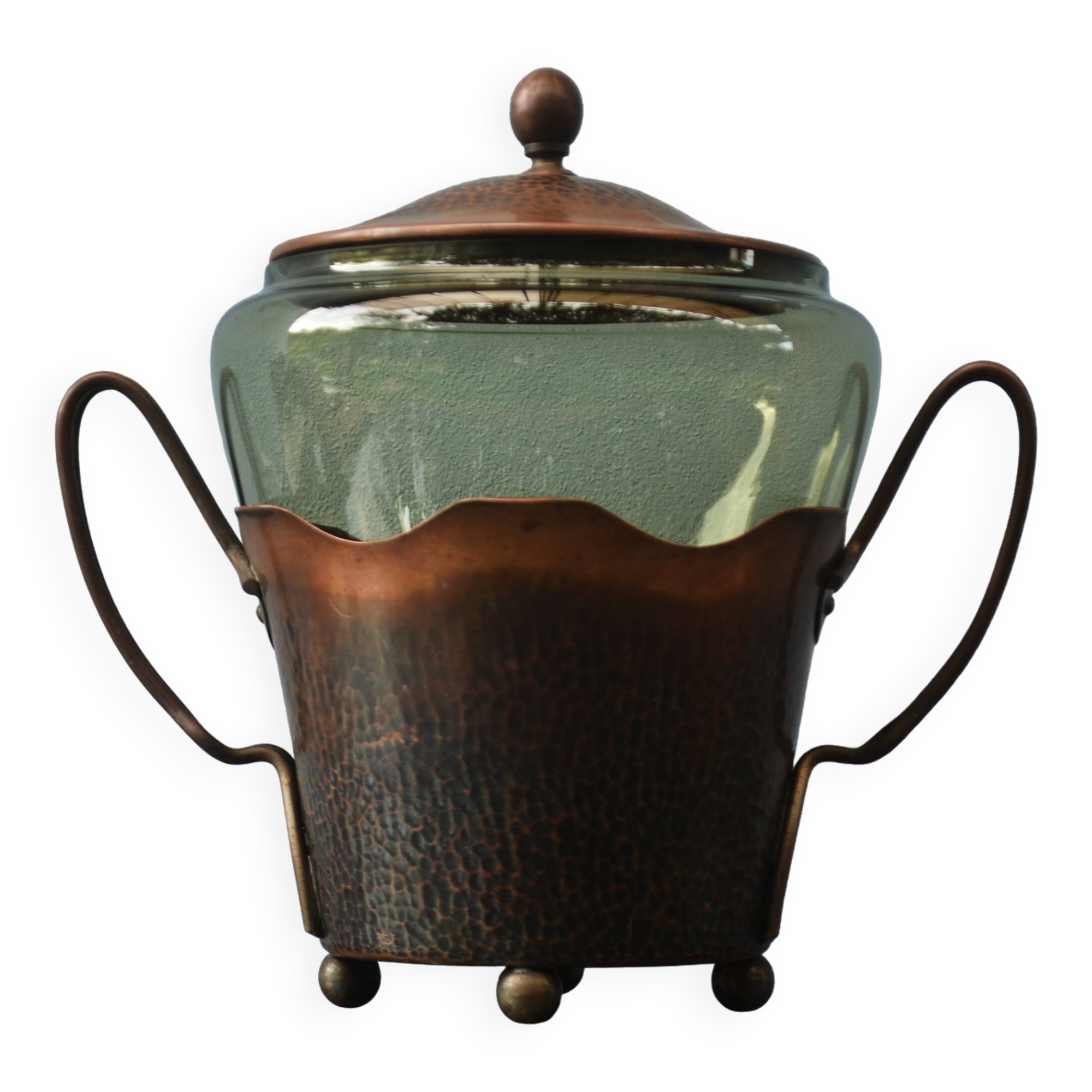 Art Nouveau Smoked Glass Punch Bowl Copper Crafted by Carl Deffner