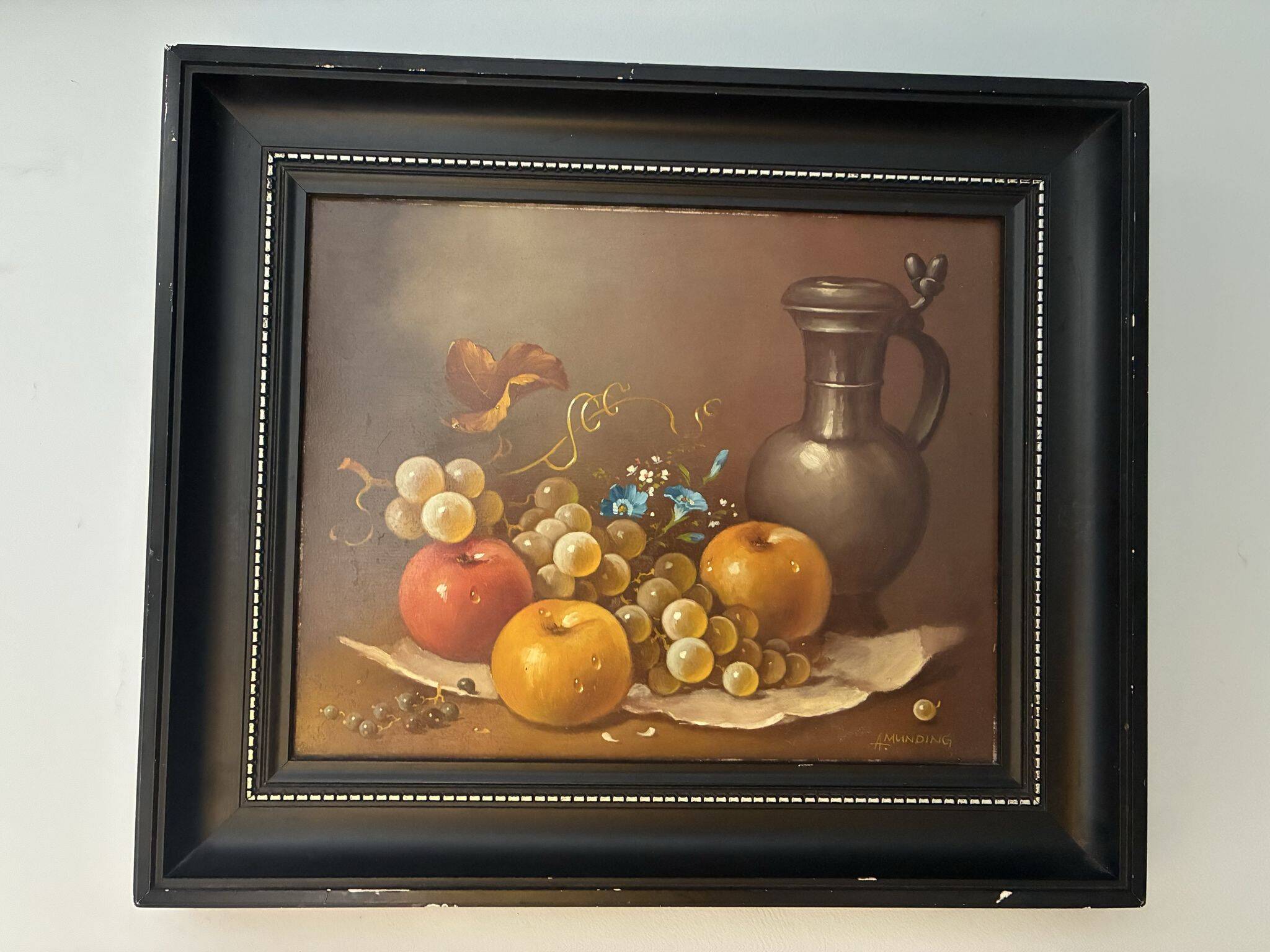 Still life oil painting on wood, signed A. Munding, black frame