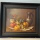 Still life oil painting on wood, signed A. Munding, black frame