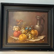Still life oil painting on wood, signed A. Munding, black frame