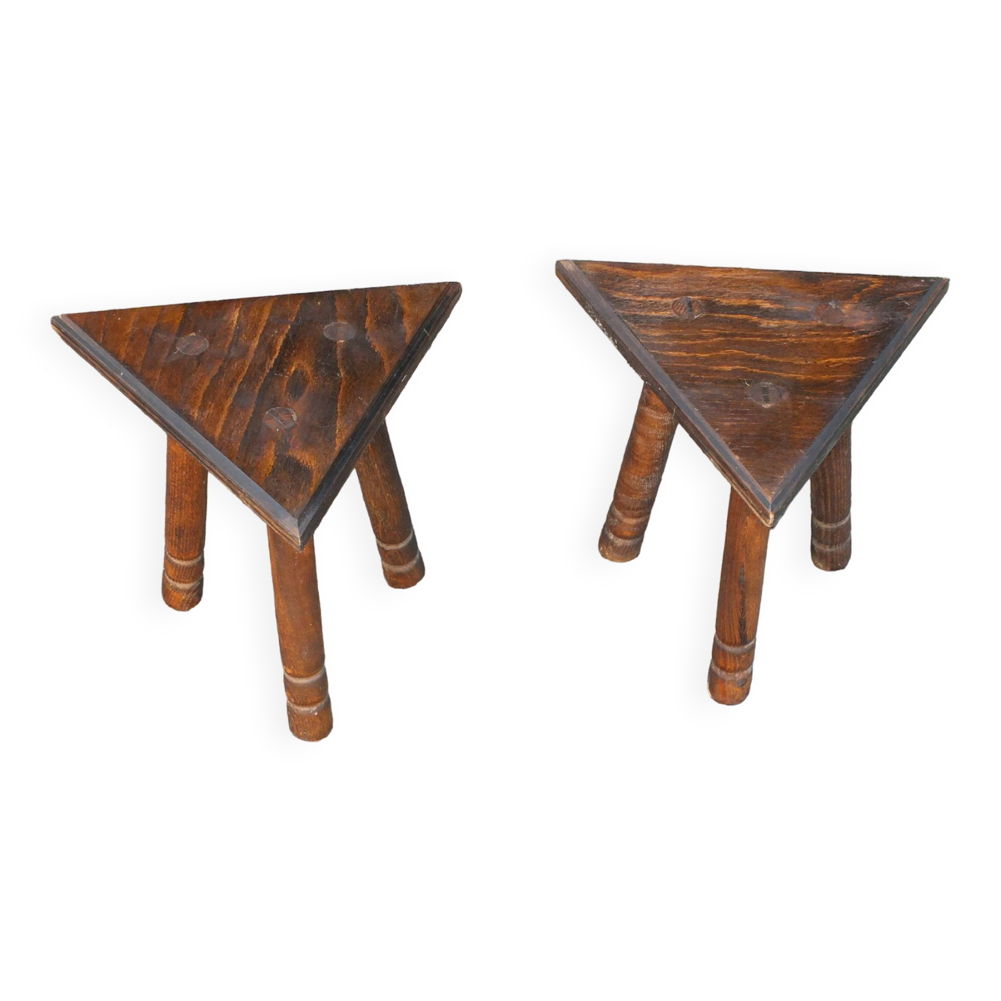 Pair of triangular turned wood stools or harnesses